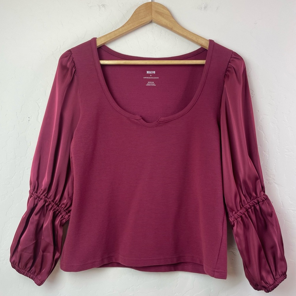 Maeve by Anthropologie Ribbed Tiered Long Sleeve Top in Burgundy Size Medium NEW - Picture 2 of 16